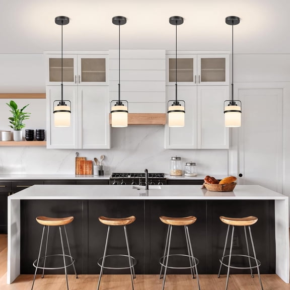 Modern Black Pendant Lights Kitchen Island Light, Adjustable Hanging Light Fixture with Milk Glass Shade, Farmhouse Pendant Light for Dining Room Bar Over Sink/Table/Counter, 2 Pack