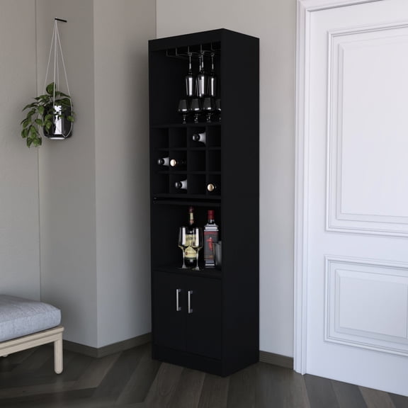 Modern Black Pine Vertical Bar Cabinet - Wine Storage & Two - Door Design - Home Entertaining - Organize Bar with Style