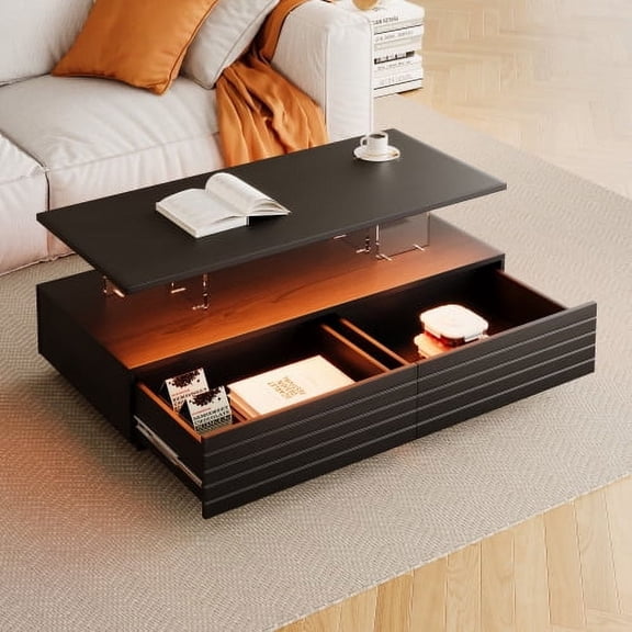 Modern Black Rectangular LED Lights Coffee Table with 2 drawers in 47.2"