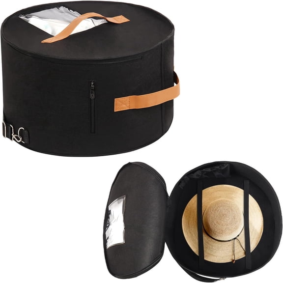 Modern Black Round Hat Box Storage, Portable Felt Travel Hat Boxes with Translucent Dustproof Lid and Shoulder Strap, 16.9" x 8.3" x 8.3"