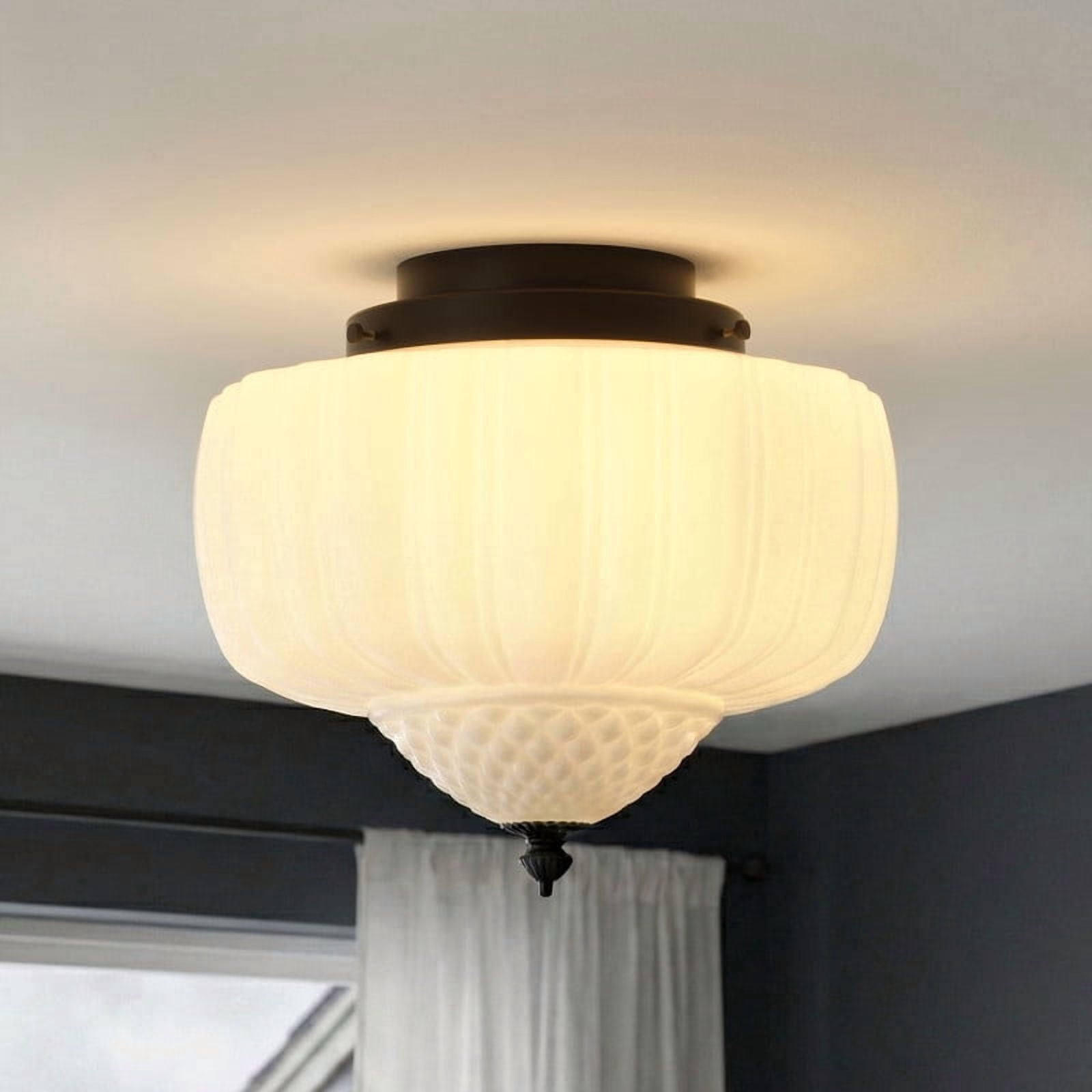 Modern Black Semi Flush Mount Ceiling Light – 13.78" Iron Frame with Ribbed White Glass Shade, E12 Base Fixture for Bedroom, Entryway & Farmhouse