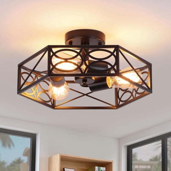 Modern Black Semi Flush Mount Ceiling Light Fixture, Industrial Close to Ceiling Light with Metal Hexagon Cage, Vintage Farmhouse 3-Light Ceiling Lamp for Kitchen, Hallway, Bathroom