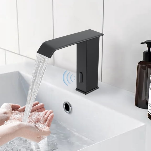 Modern Black Sensor Tap Faucet with Adjustable Temperature & Waterfall Spout for Bathroom Sink Automatic Infrared Sensing, Copper & Stainless Steel Construction, Easy Installation