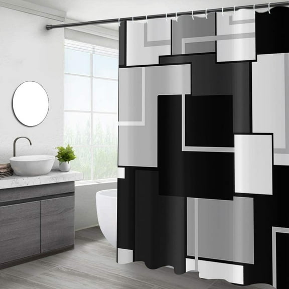 Modern Black Shower Curtain, Black White Grey Abstract Geometric Aesthetics Bathroom Curtain for Men Bathtub Decor Waterproof Fabric Machine Washable with 12 Hooks