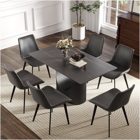 Modern Black Sintered Stone Dining Table for 6 with Iron Metal Legs, Rectangular Kitchen Table