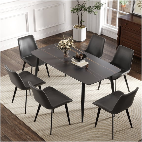 Modern Black Sintered Stone Dining Table with Curved Edge, Seats 6-8, Durable Metal Legs