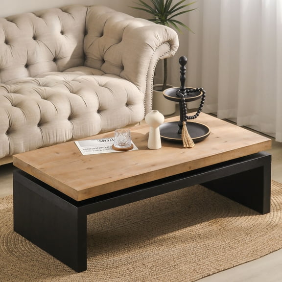 Modern Black Solid Wood Coffee Table, 49in Rectangular Coffee Table for Living Room, Farmhouse & Contemporary Decor