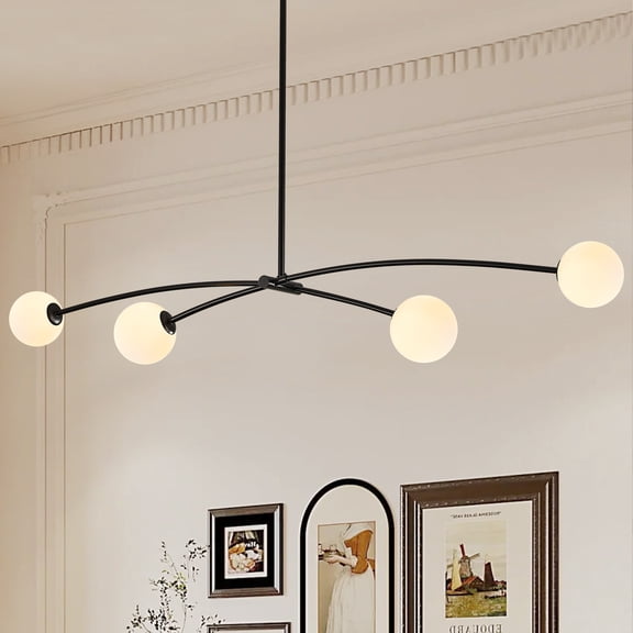 Modern Black Sputnik Chandelier for Dining Room L51 Mid Century Milk Glass Globe Ceiling Pendant Lighting Fixture Contemporary 4 Lights for Kitchen Island Bar Bedroom Home Office