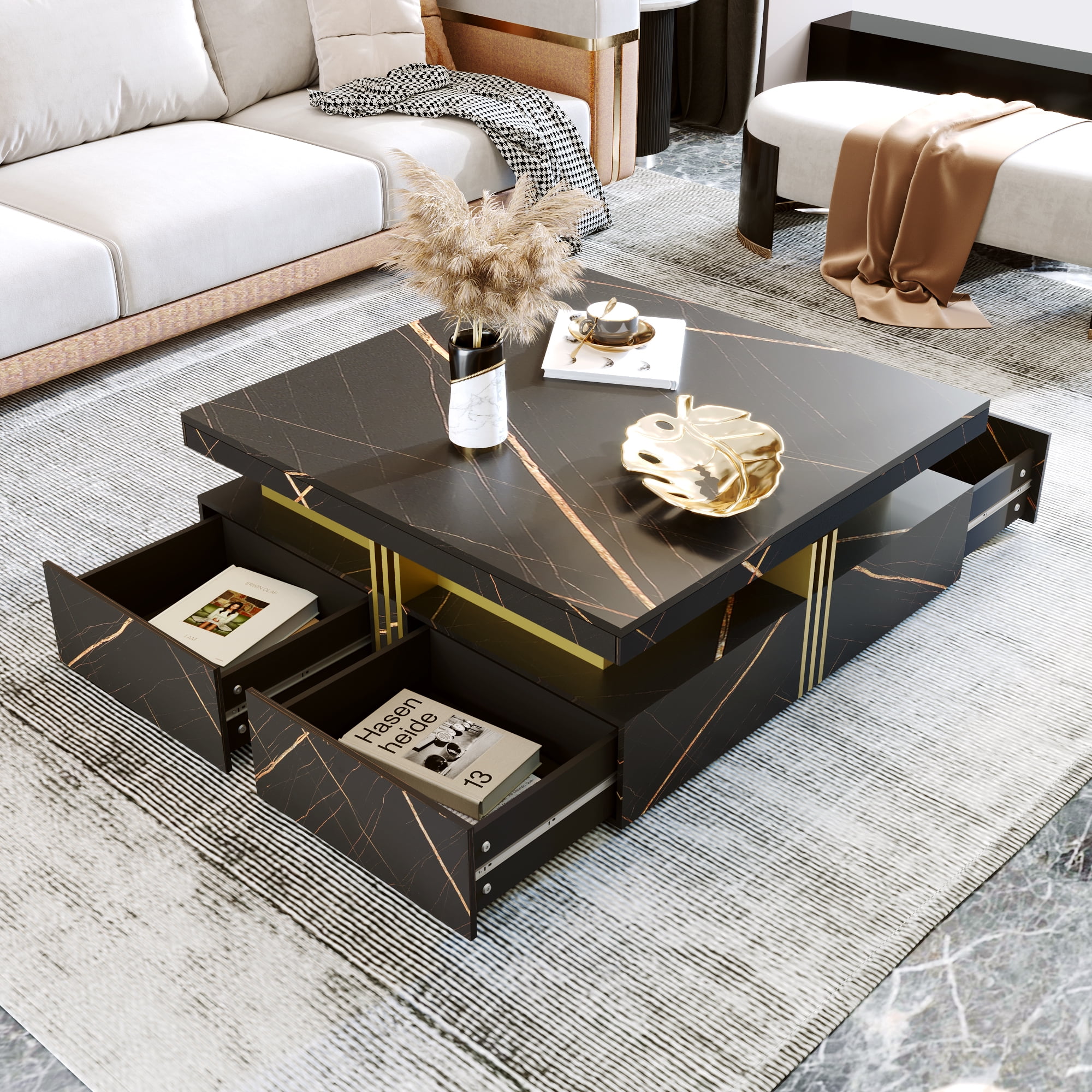 Modern Black Square Coffee Table with Gold Accents and 4 Drawers ...