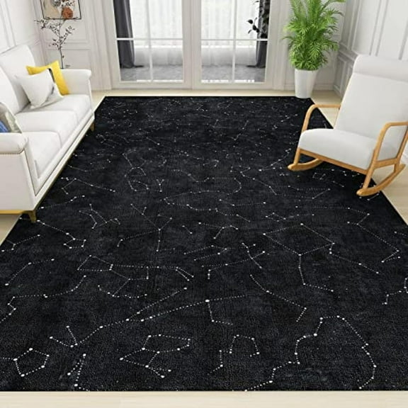 Modern Black Starry Sky Space Area Rugs, Abstract Galaxy Pattern Indoor Non-Slip Rugs, Machine Washable Breathable Durable Carpet for Front Entrance Floor Decor 5' x 6'