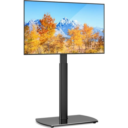 RTVR Modern Swivel Floor TV Stand for 27 to 70 inch Flat Curved Screens, Glass Base with Apple TV Roku Ultra Mount, Black