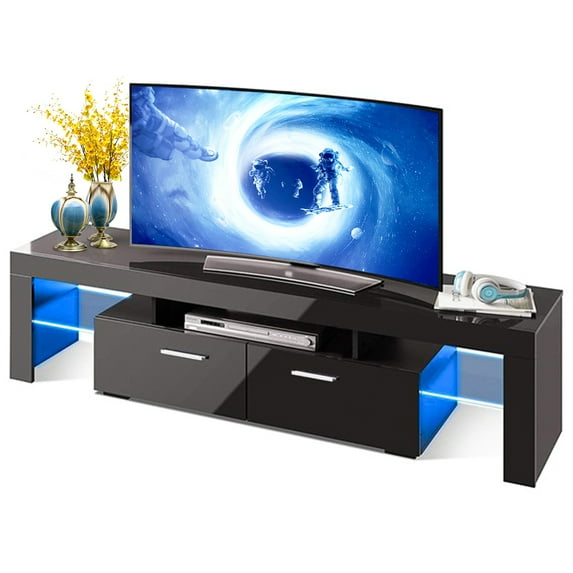 Modern Black TV Stand for 70 Inches TV, TV Stand Cabinet with 16 LED Lights, Living Room Entertainment Center, Console TV Cabinet with 2 Drawers