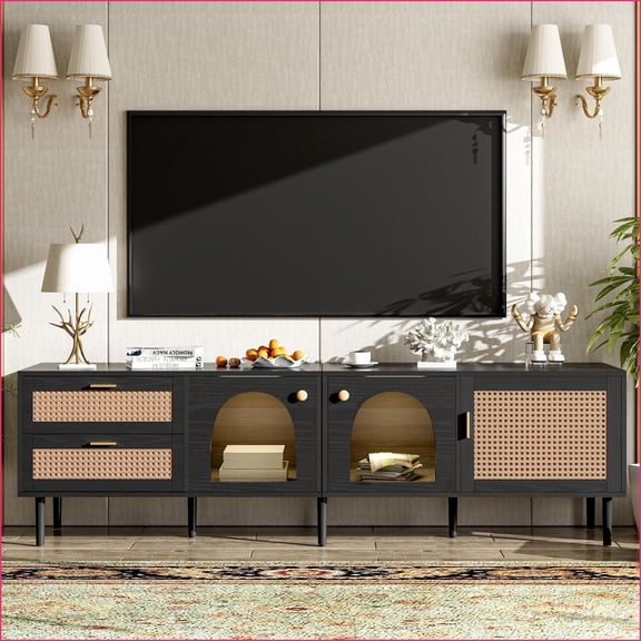 Modern Black TV Stand with LED Lights, 3 Cabinets & 2 Rattan Drawers - Media Console for TVs Up to 80" | MDF | Primary Living Space