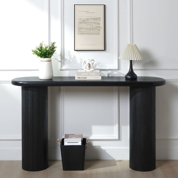 Modern Black Table, 56" Fluted Entryway Magnetism, Wood, Ribbed Detailing For A Magnetic Living Space Console Enigma, Wood Construction, Detail An Intriguing Appearance