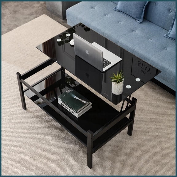 Modern Black Tempered Glass Lift Top Coffee Table for Living Room, Easy-Clean & 2-Tier Storage