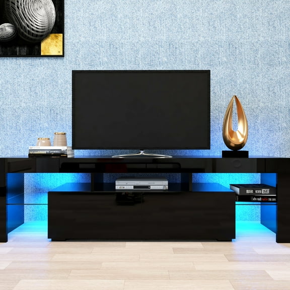 Modern Black Tv Stand With 20 Colors Led Lights & Remote Control, 63x13.8x17.7in, For 60-69" Flat-screen Tvs Console Remote, For 60 - 69 Inch