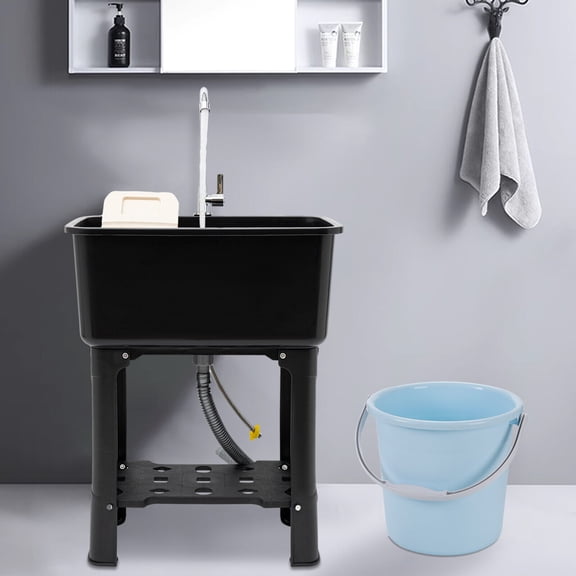 Modern Black Utility Sink, Utility Sink With Faucet, Freestanding Utility Sink with Storage Shelf With 360 Rotating Faucet and Premium PP Material
