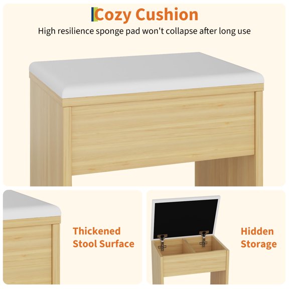 Modern Black Vanity Desk with Mirror and LED Lights 3-Color Adjustable Lighting 4 Drawers Natural wood color block Natural Wood White
