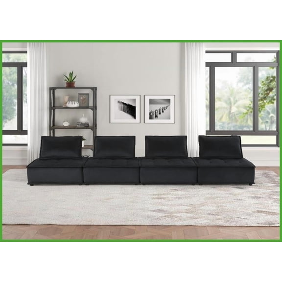 Modern Black Velvet 4-Seater Modular Sofa - 160" Wide Living Room Sofa with Tufted Seats