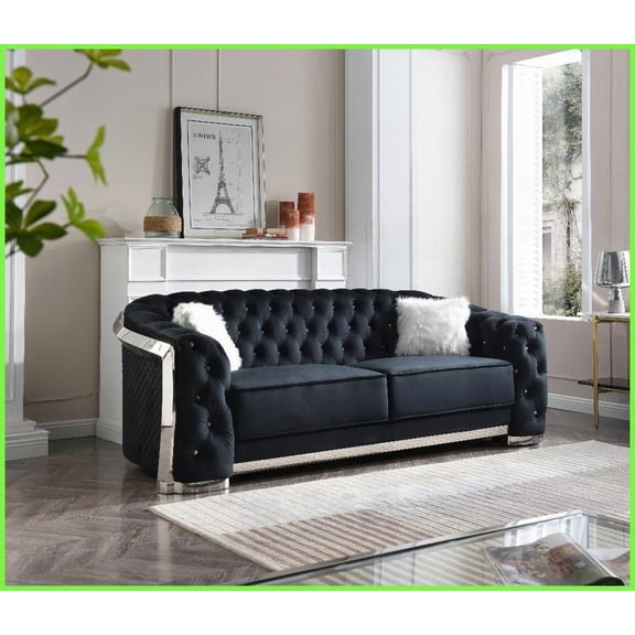 Modern Black Velvet Sofa with Chrome Trim & Color-Changing LED Lights - Luxurious Living Room Statement Piece