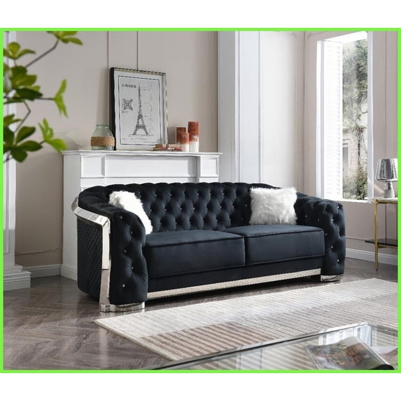 Modern Black Velvet Sofa with Chrome Trim & Color-Changing LED Lights - Luxurious Living Room Statement Piece