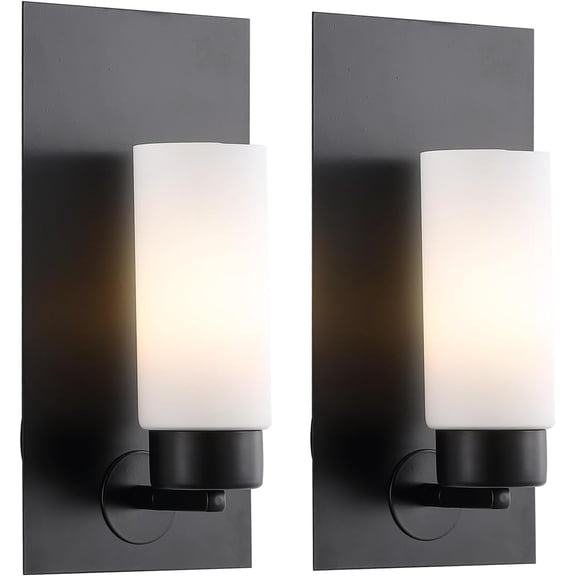 Modern Black Wall Sconces Set of 2 Industrial Mid Century Bathroom Vanity Light Fixtures Cylinder Milky White Glass Shade Bedroom Living Room Stairs