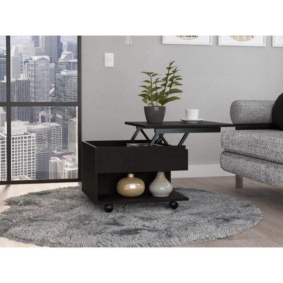 Modern Black Wengue 1-Drawer 1-Shelf Lift Top Coffee Table with Storage and Dining Function