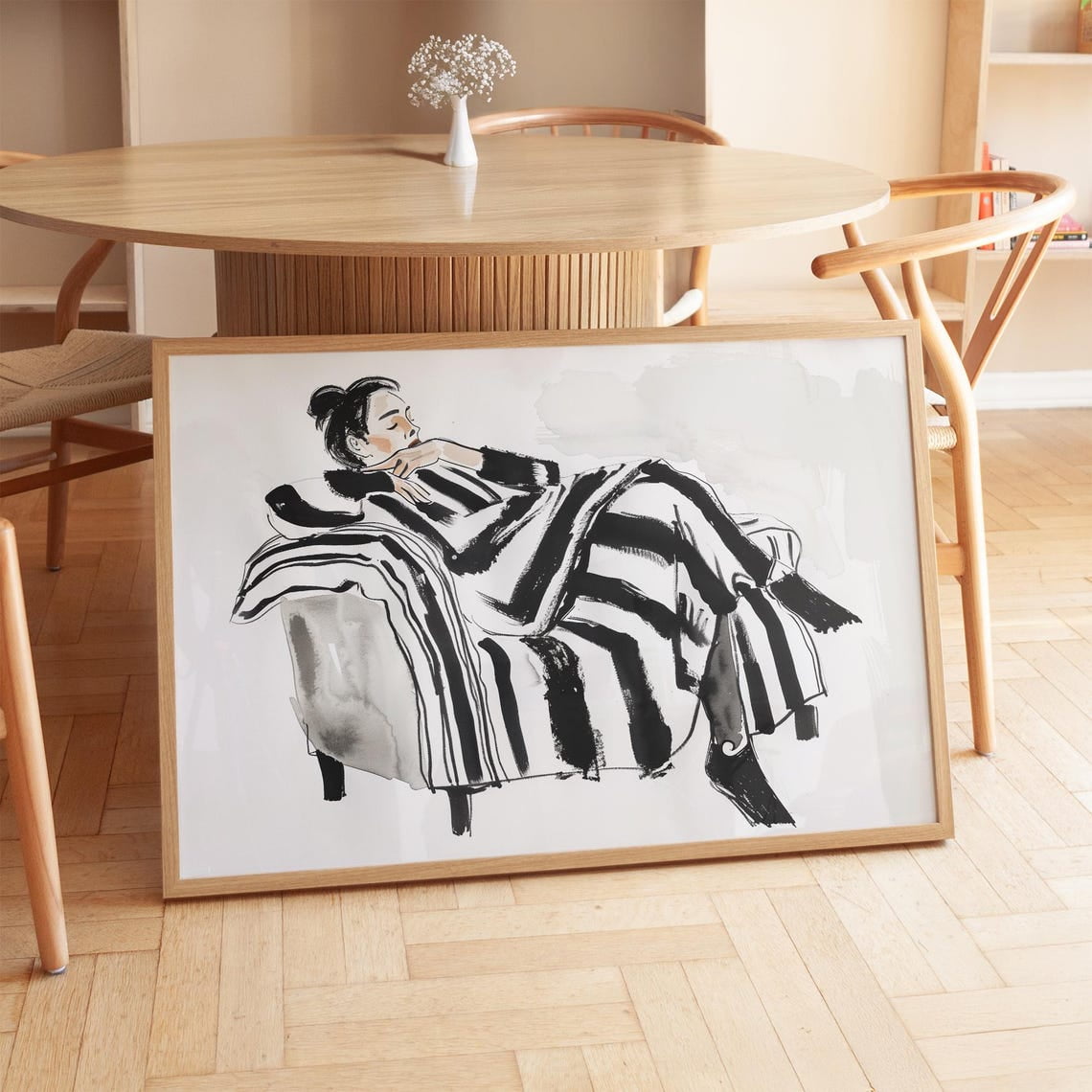 Modern Black White Art Minimalist Wall Print Stylish Woman Illustration ...