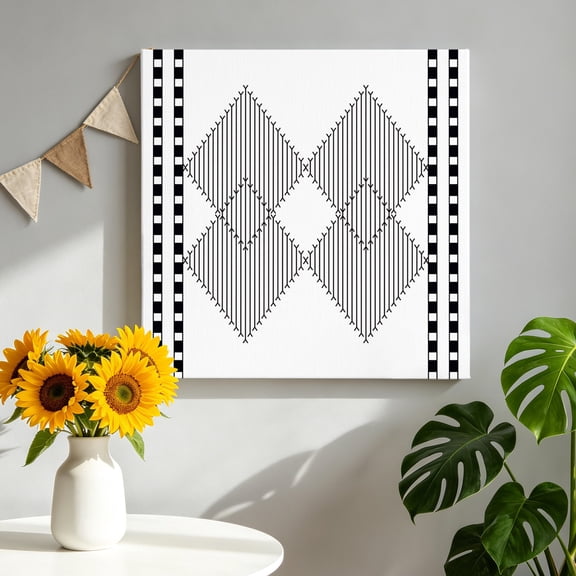 Modern Black and White Canvas Wall Art, Striped Diamonds Checkered Border Art Framed Canvas Wall Decor Picture Print Artwork Decorations for Living Room Office Ready to Hang 8" x 8"