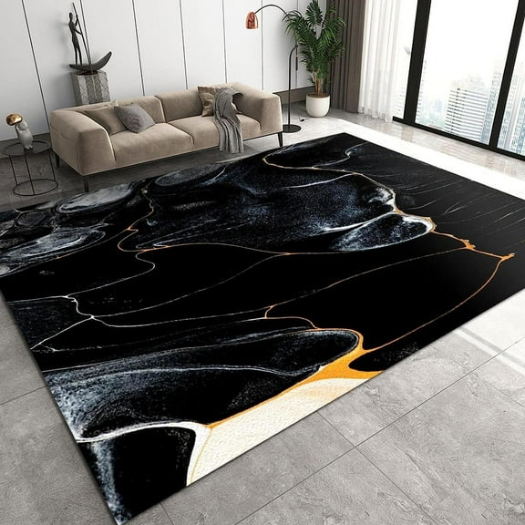 Modern Black And White Cracks Rugs For Living Room, Abstract Irregular Gold Pattern Art Kids Rugs, Soft Easy Clean Breathable Washable Rug For Dining Room Study Room Bedroom Bedside Carpet