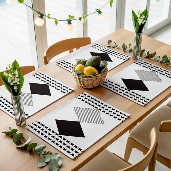 Modern Black White Diamond Placemats Set of 4,Wipeable Washable Table Mats for Dining Tables, Minimalist Geometric Line Checkered Place Mats for Kitchen Event Party Tabletop Decor