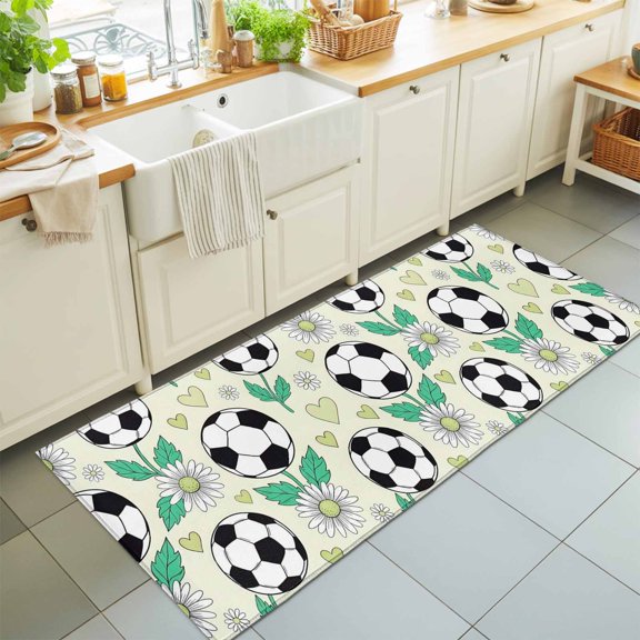Modern Black White Football Rectangle Area Rug 2x6ft,Living Room Rug Non-Slip Washable Circle Rugs Pad,Boho Daisy Flower Love Heart Soft Floor Carpet for Bedroom Dining Room
