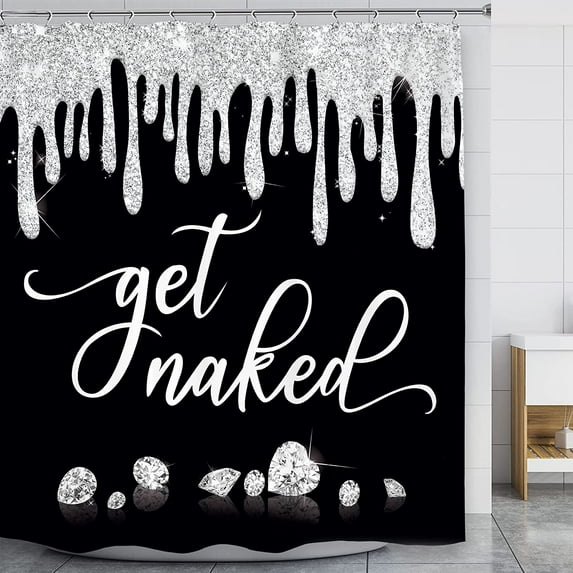 Modern Black White Get Naked Shower Curtain 72Wx72H Inch Luxury Silver Bling (No Glitter) Diamond Shower Curtain Bathroom Set Elegant Glam Shining Bath Accessories for Women Girls Home Decor