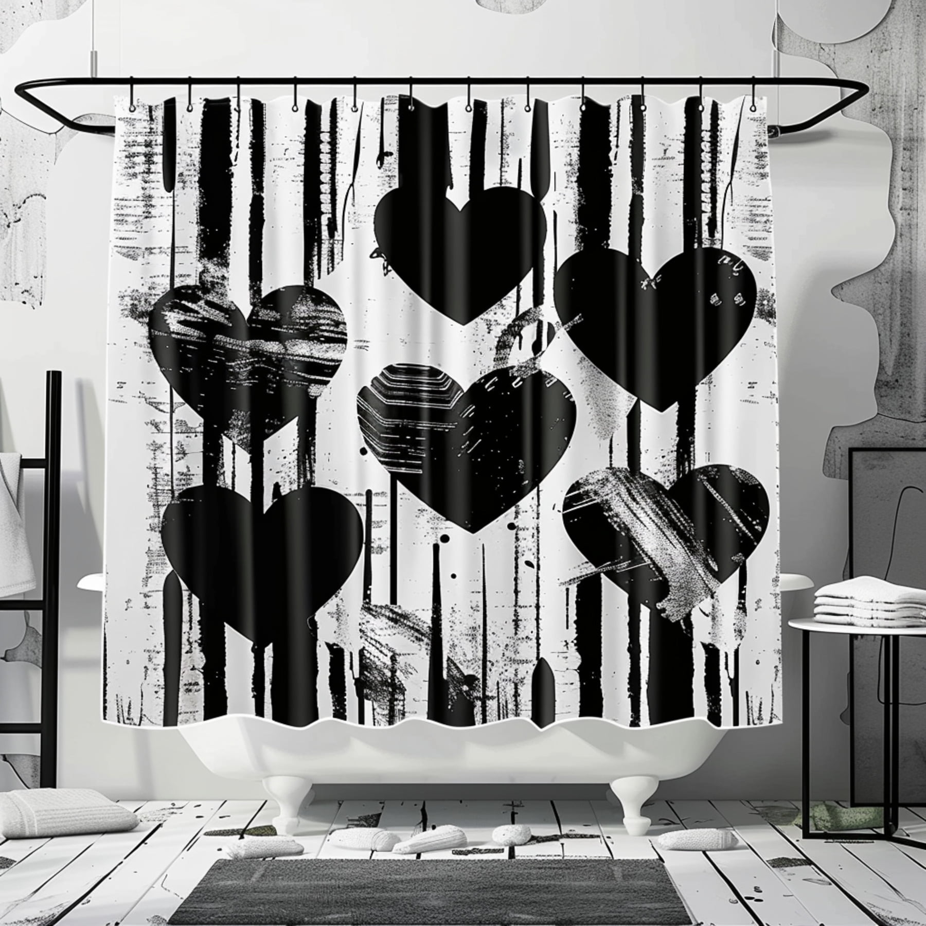 Modern Black & White Heart Graffiti Shower Curtain Unique Bathroom ...