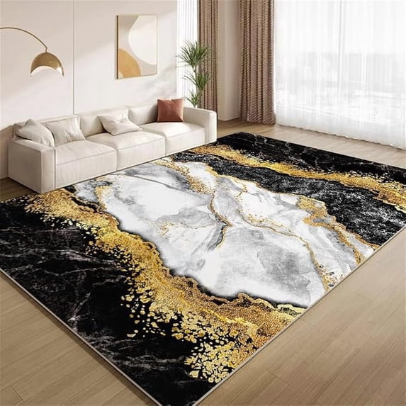 Modern Black White Marble Area Rugs, Gold Foil Marble Art Rugs, Ultra ...