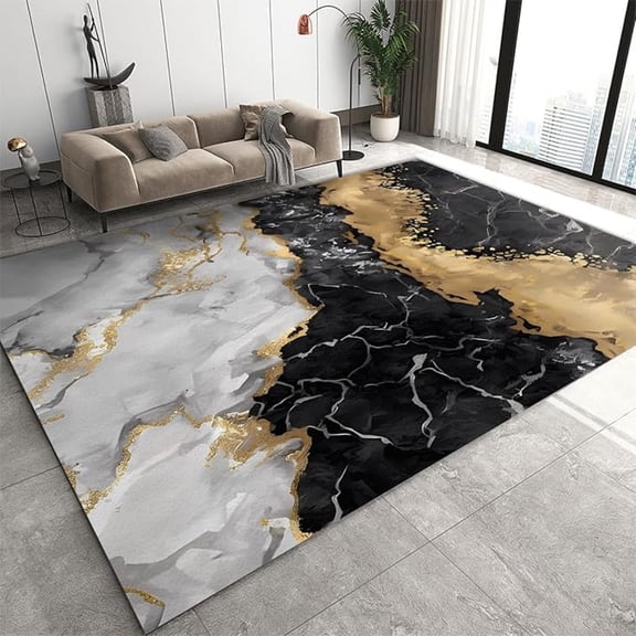 Modern Black And White Marble Area Rugs, Luxury Gold Foil Fluid Texture Indoor Rug, With Anti-Slip Backing Washable Carpet For Living Room Bedroom Study Dining Room 1x2ft