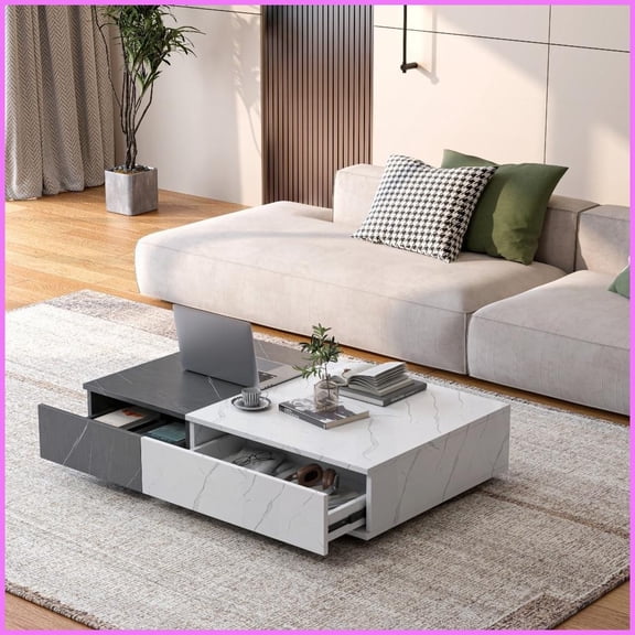 Modern Black & White Marble Coffee Table with 2 Storage Spaces Sturdy A-Frame for Living Room