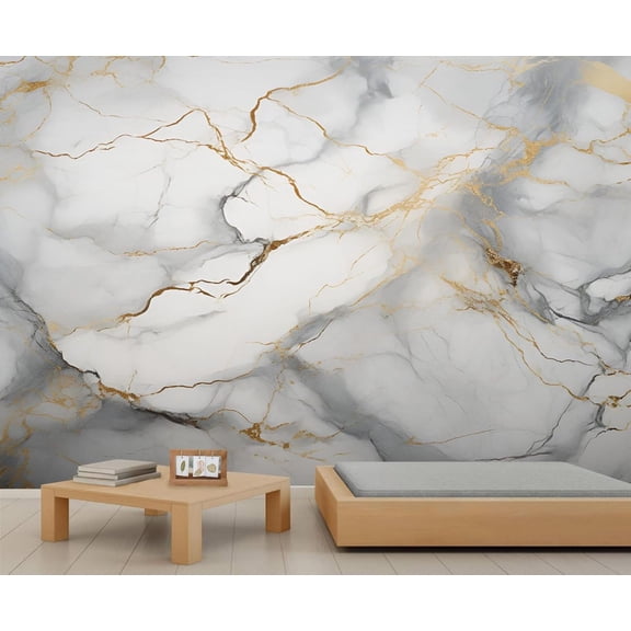 Modern Black And White Marble Wallpaper, Abstract Gold Foil Art Wall Mural Poster Removable Mural Large 3D Wallpaper Home Decor For Bedroom Living Room 55"W x 28"H (Not Peel and Stick)