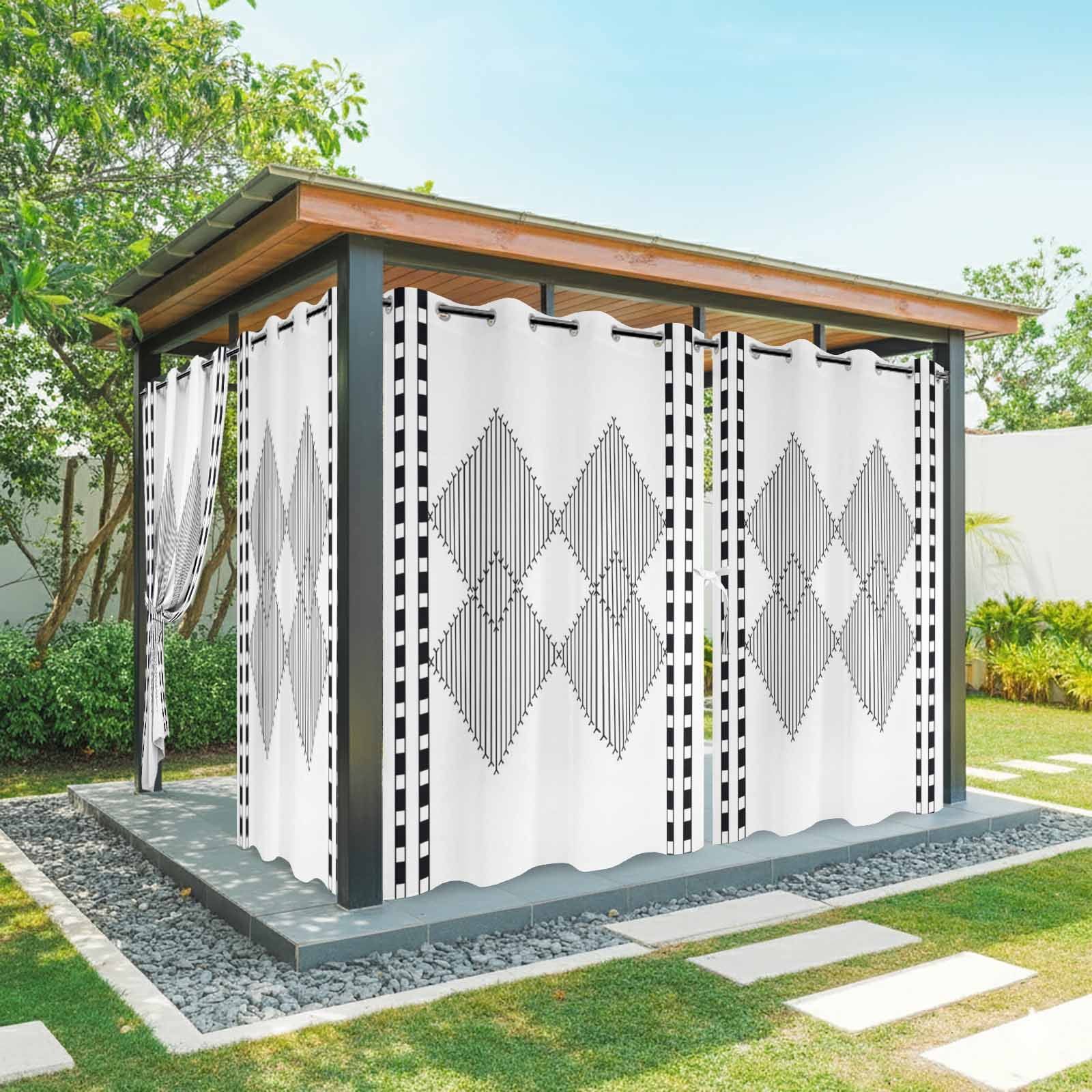 Modern Black and White Outdoor Curtains for Patio, Striped Diamonds Checkered Border Art Sunshade Privacy Drapes Grommet Waterproof Outside Curtains for Porch/Cabana/Balcony 54"x 108", 1 Panel