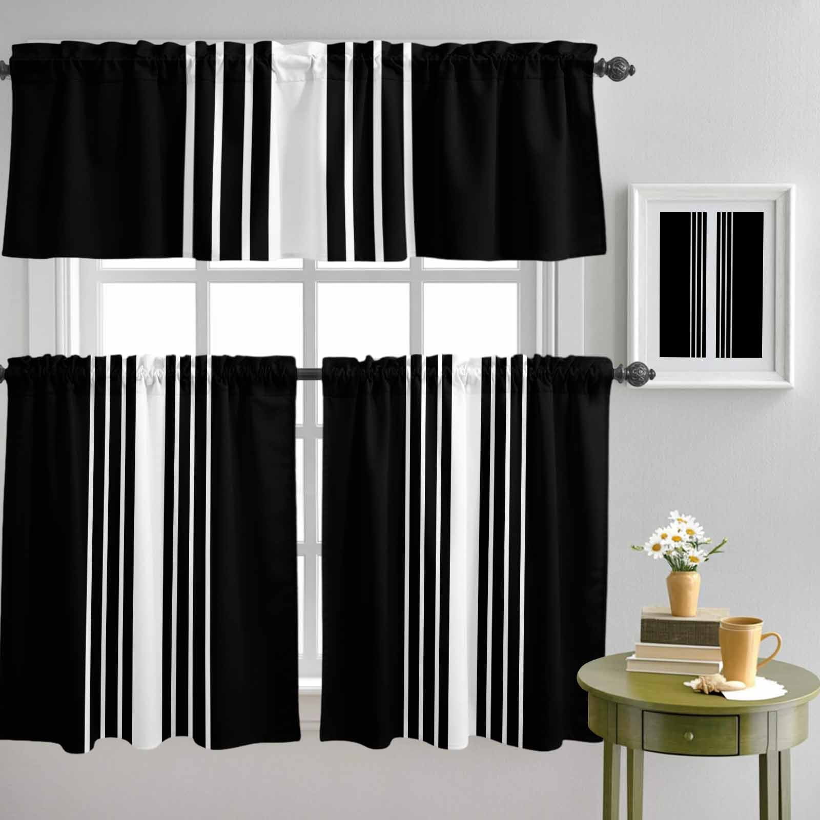 Modern Black White Striped Curtain Tier and Valance Set 3 Piece