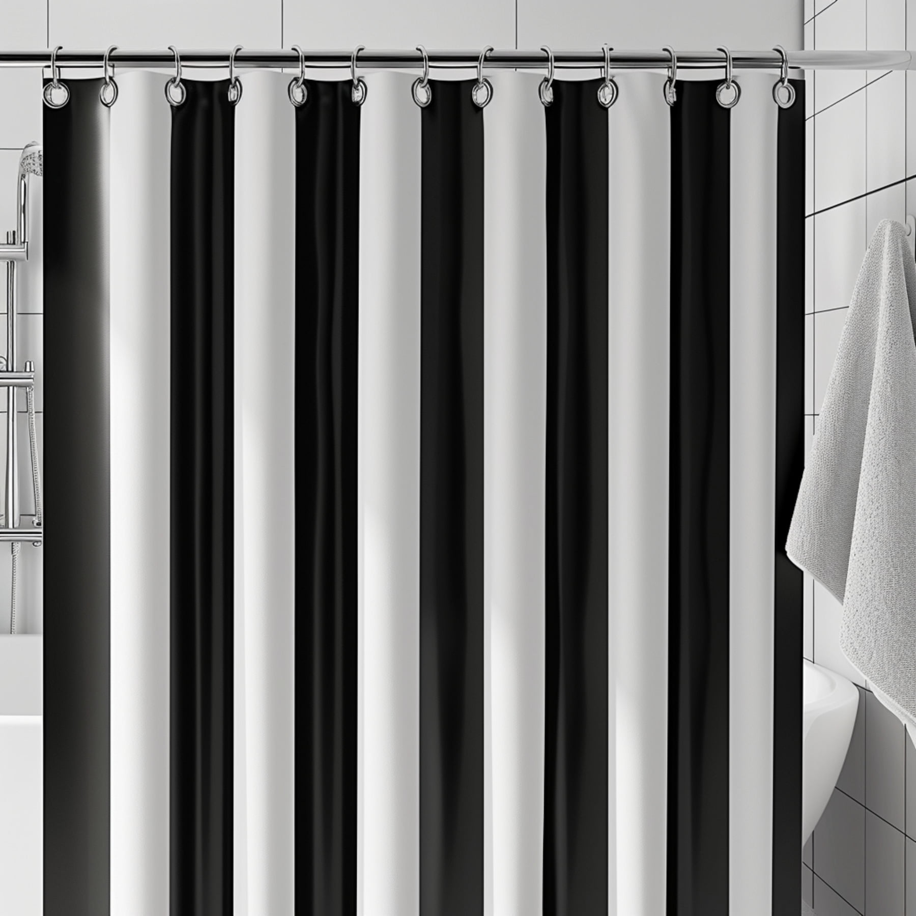 Modern Black and White Vertical Striped Shower Curtain with Silver Grommets Minimalistic Design ...