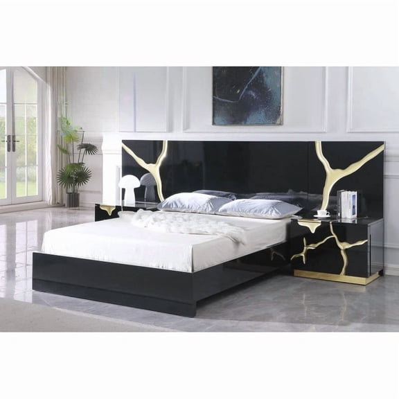 Modern Black Wood Frame 1pc Eastern King Platform Bed with Gold Vein Accent, High Gloss Finish