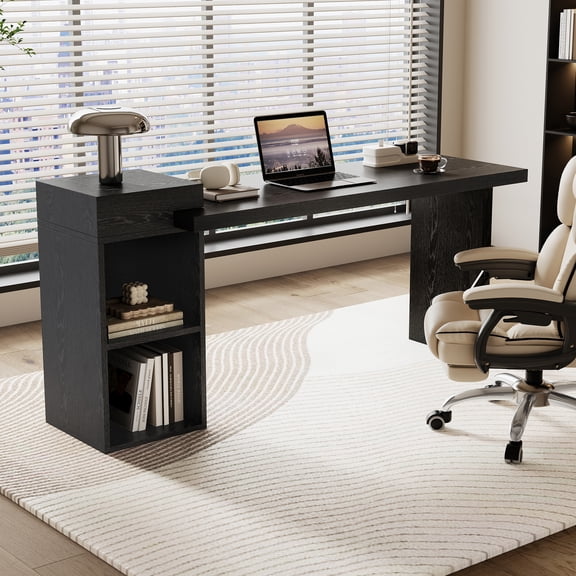Modern Black Wood Grain Sofa Side Table - MDF Multipurpose Entryway Console Table with 2-Tier Open Storage Shelves for Living Room, Hallway, Bedroom