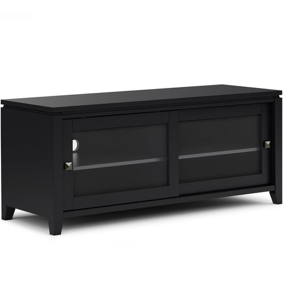 Modern Black Wood TV Stand for Up to 55 Inch TVs with Glass Doors and Storage Cabinet