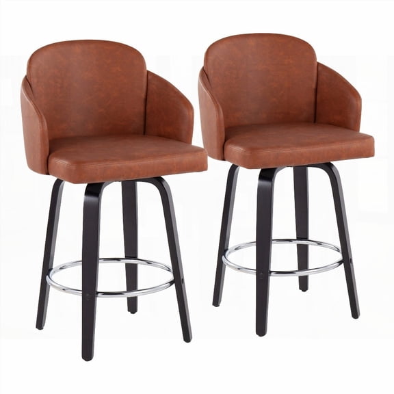 Modern Black Wood and Camel Faux Leather Counter Stools - 2-Pack with Round Chrome Footrest
