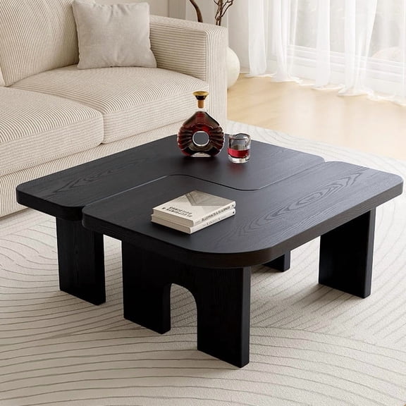 Modern Black Wooden Nesting Coffee Table Set, 70.86" Extendable Splicing Center Table for Living Room, Space - Saving Accent Furniture with Smooth Surface