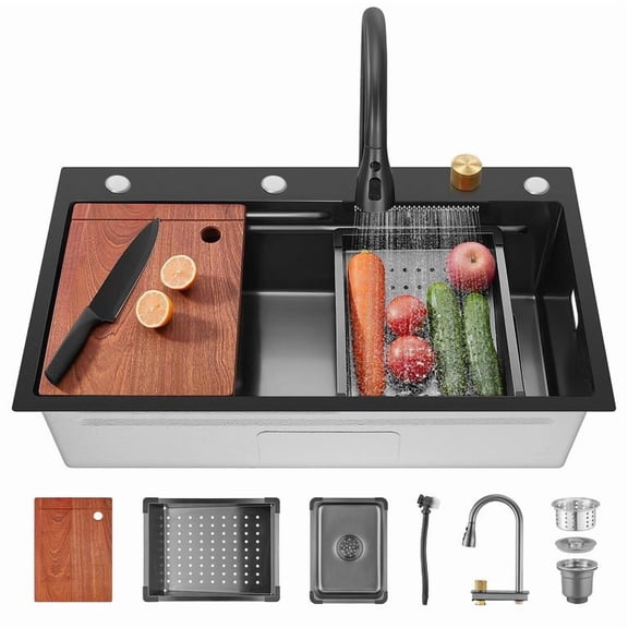 Modern Black Workstation Sink, Nano Coating Stainless Steel Kitchen Sink with Quiet Drainage System