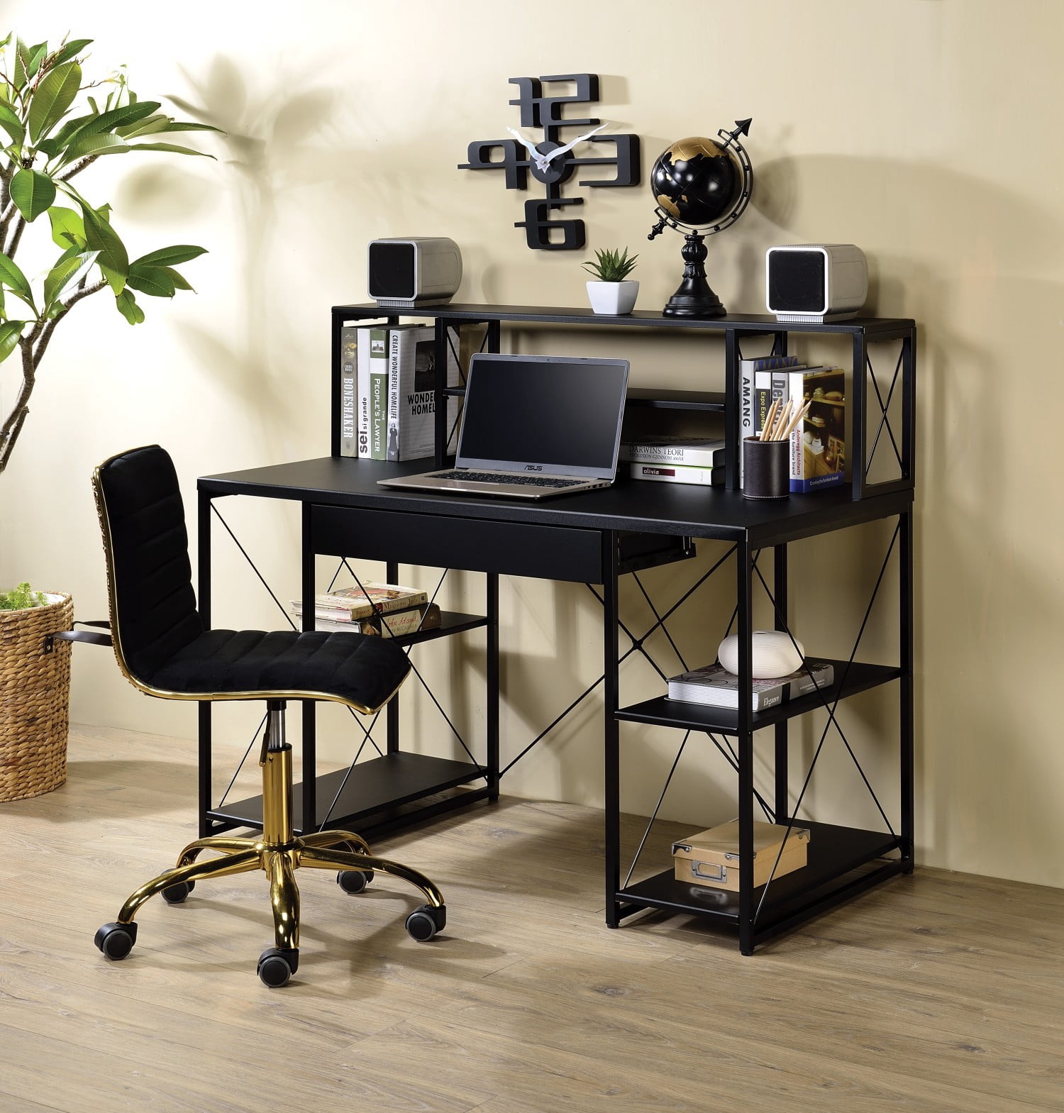 Modern Black Writing Desk with Storage Shelves, Computer Desk with Drawer & Metal Frame for Home Office Studio Gaming Setup