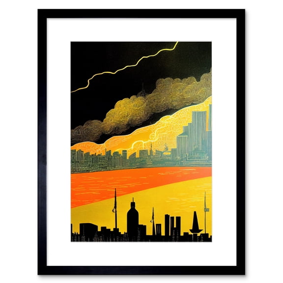 Modern Black Yellow Orange Linocut London Skyline Cityscape Storm Lightning Artwork Framed Wall Art Print 9X7 Inch