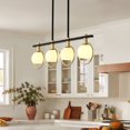 thumbnail image 1 of Modern Black and Gold Chandelier - Adjustable 4-Light Rectangular Pendant with Milk Glass Shades, 1 of 4